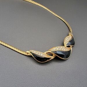 Vintage 80s Gold Tone Black Enamel Rhinestone Collar Necklace